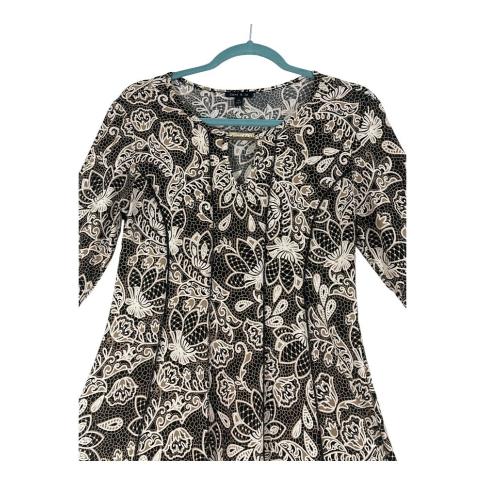 Sami & Jo Boho Paisley Fit & Flare Dress M Bell Sleeve Keyhole Stretch Black Tan - Picture 3 of 7